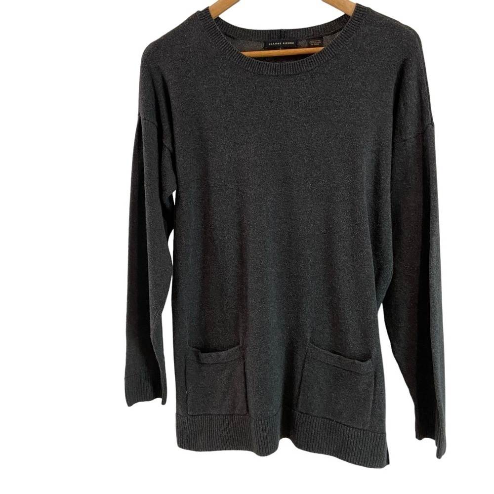 Jeanne Pierre knit sweater tunic long sleeve pocket scoop neck grey cotton Large